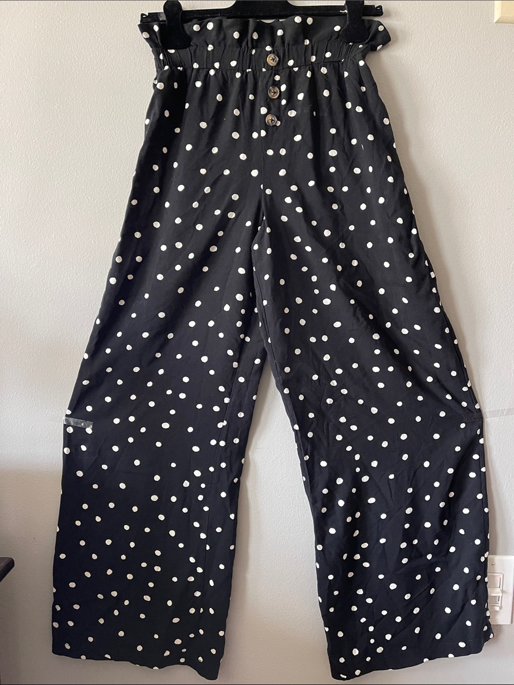 Black with White Polka Dot Wide Leg pull on elastic waistband Pants rayon